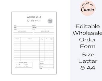 May include: A black and white printable wholesale order form template with fields for date, name, email, shipping address, order number, company, phone, billing address, item number, product, unit price, quantity, total price, payment method, subtotal, discount, tax, shipping, and total. The template has a space for a logo and the text "Wholesale Order Form".