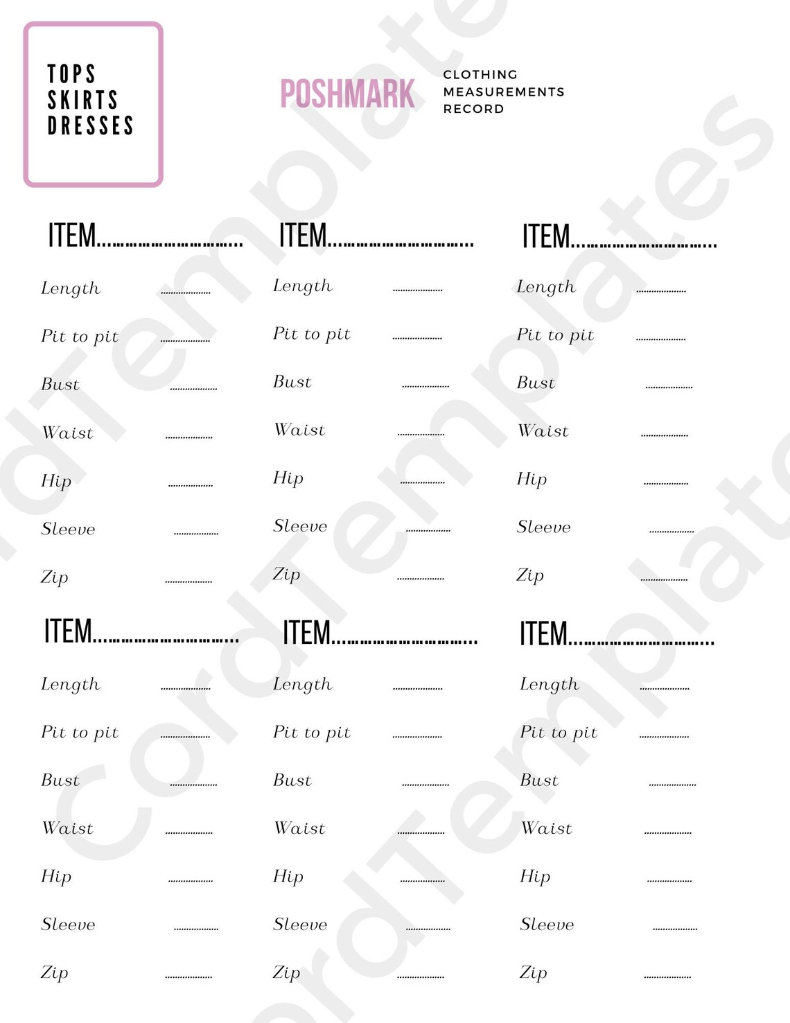 Poshmark Printable Templates Record of Measurements - Etsy