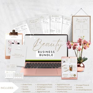 Op de afbeelding: Een roségouden laptop, tablet en telefoon zijn omringd door zakelijke documenten, waaronder prijslijsten, facturen en bestelformulieren. De woorden "Beauty Business Bundle" worden weergegeven op het laptopscherm. Een vaas met roze orchideeën staat in de buurt.