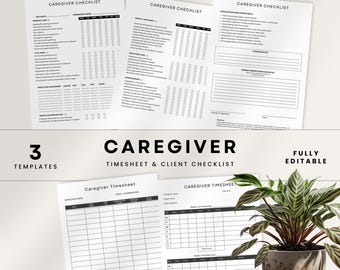 Home Care Timesheets and Caregiver Checklist Plan of Care, Editable Business Forms Pack, Add your logo Business Templates, Canva templates