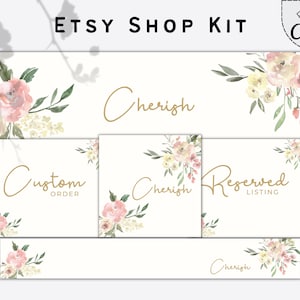 Etsy-butikskit med akvarellblommor, Etsy-bannermallpaket, DIY-varumärkesbyggande för Etsy-butik, redigerbart Etsy-butiksheaderkit