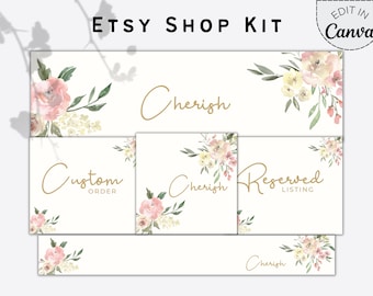 Puede incluir: Un conjunto de cinco banners de tienda Etsy imprimibles digitales con un diseño floral de acuarela en tonos de rosa, blanco y verde. Los banners presentan el texto "Cherish", "Custom Order", "Reserved Listing" y "Cherish" repetido dos veces.