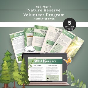 May include: A laptop screen displays a template for a nature reserve volunteer program. The template is titled "Wild Keepers" and includes sections for "Our Story", "Our Mission", and "Our Impact". The template is surrounded by images of trees and a butterfly.