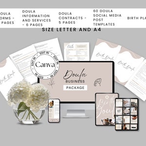 Birth Doula Forms, Editable Birth Doula Contracts and Birth Plan, Service Guide for Doula Business, Doula Social Media Posts, Canva