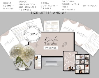 Birth Doula Forms, Editable Birth Doula Contracts and Birth Plan, Service Guide for Doula Business, Doula Social Media Posts, Canva