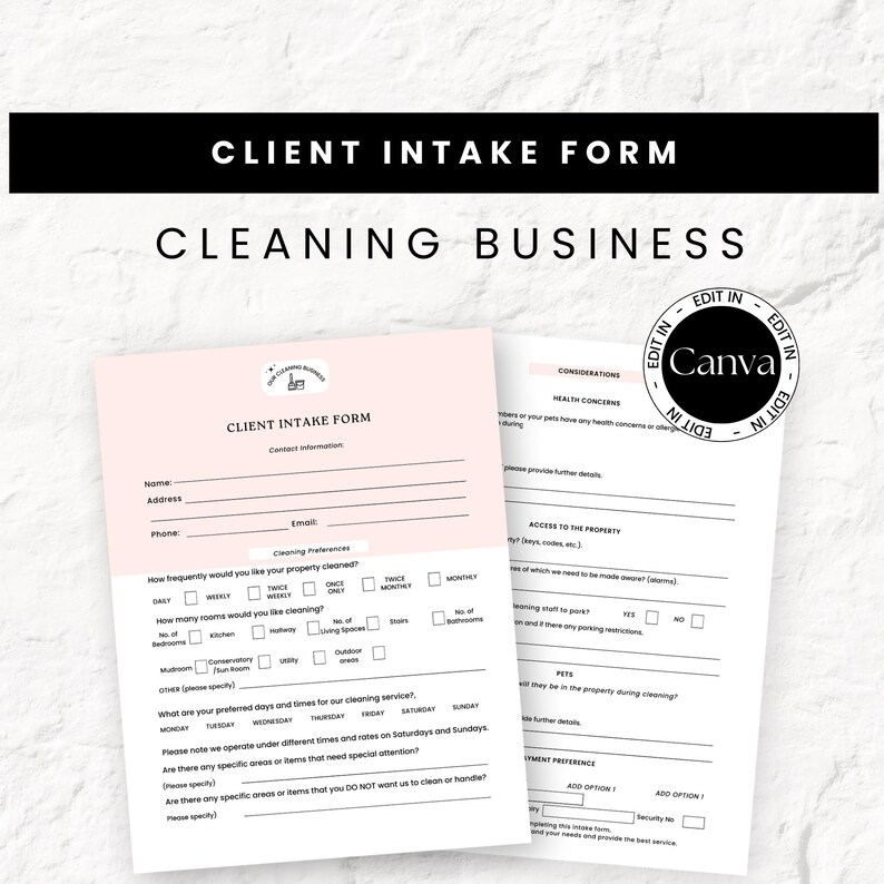 Cleaning Service Client Intake Form, Cleaning Company Editable Form ...