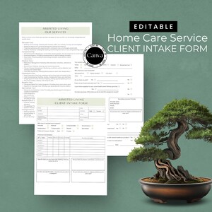Peut inclure: Formulaire d'admission du client pour les services de soins à domicile, éditable, avec un bonsaï en arrière-plan. Le formulaire comprend des sections pour les soins personnels, la gestion des médicaments et l'horaire de soins préféré.
