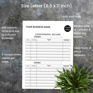 Pu&ograve; includere: Un modulo di registrazione di consegna stampabile in bianco e nero con il testo "Nome della tua azienda" e "Registro di consegna". Il modulo include colonne per la data, il numero di articoli, un elenco terminato e la data di revisione degli articoli non venduti.