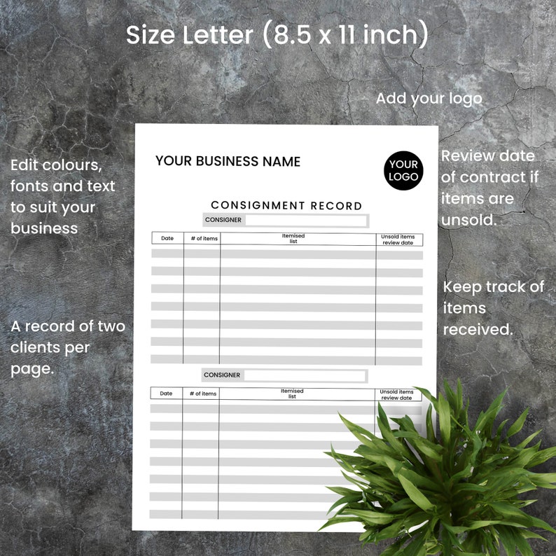 Pu&ograve; includere: Un modulo di registrazione di consegna stampabile in bianco e nero con il testo "Nome della tua azienda" e "Registro di consegna". Il modulo include colonne per la data, il numero di articoli, un elenco terminato e la data di revisione degli articoli non venduti.