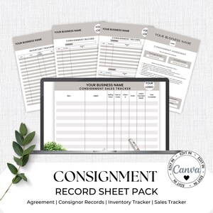 May include: A digital screen displaying a consignment sales tracker spreadsheet with columns for client, selling price, fees & tax, client profit, payment mode, and sale complete. The screen is on a laptop computer with a white background. The image also includes four printable consignment record sheets and a consignment agreement form.