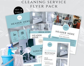 May include: A flyer pack for cleaning services. The flyers feature a blue and white colour scheme with images of bathrooms and cleaning supplies. The text on the flyers includes "Cleaning Service Flyer Pack", "Header Here", "Special Offer", "Our Services", and "Contact".