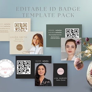Bewerkbare sjabloon voor ID-badge voor werknemers, identiteitskaart voor salon om aan te passen en af te drukken op canvas, ID-badge met foto van werknemer om af te drukken en te downloaden