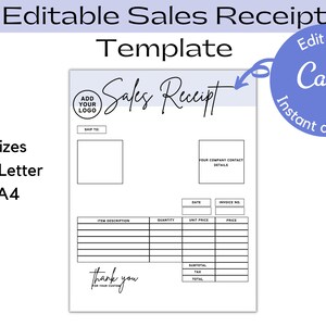 Editable Business Sales Receipt Template, Customizable and Printable Business Template, Instant Download