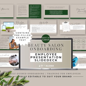 May include: A laptop screen displaying a presentation titled "Beauty Salon Onboarding Employee Presentation Slidedeck" with 40+ slides. The presentation is designed for beauty salon employees and includes topics such as social media, client intake, and handling hazardous materials. The presentation is fully editable to suit your brand.