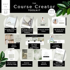 May include: A green and white graphic with the text "Course Creator Toolkit" and "300 Pages of Templates". The graphic shows different types of templates for online courses, including workbooks, ebooks, social media posts, slide decks, event covers, sales pages, quick links landing pages, course launch posts, group banners, email signatures, and business plan templates.