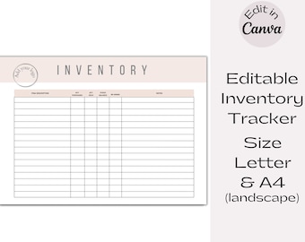 Könnte beinhalten: Editierbare Inventar-Tracker-Vorlage im Querformat. Die Vorlage hat eine hellrosa Kopfzeile mit dem Wort "INVENTAR" in schwarzer Schrift. Die Vorlage enthält Spalten für Artikelbeschreibung, gekaufte Menge, verkaufte Menge, Lagerbestand und Notizen.