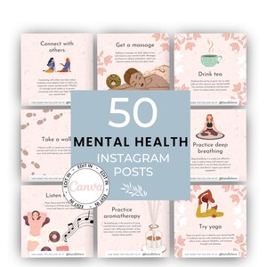 May include: A collage of nine Instagram post templates with tips for improving mental health. The posts feature illustrations of people practicing self-care activities, such as taking a walk, listening to music, getting a massage, drinking tea, practicing deep breathing, trying yoga, and practicing aromatherapy. The text on the posts includes phrases like "Connect with others", "Get a massage", "Drink tea", "Practice deep breathing", "Listen", "Practice aromatherapy", and "Try yoga".