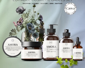 Neutral Cosmetic Bottle Label Templates, Body Care Labels for Beauty Branding, Body Butter Label, Soap Label, Essential Oil Sticker Branding