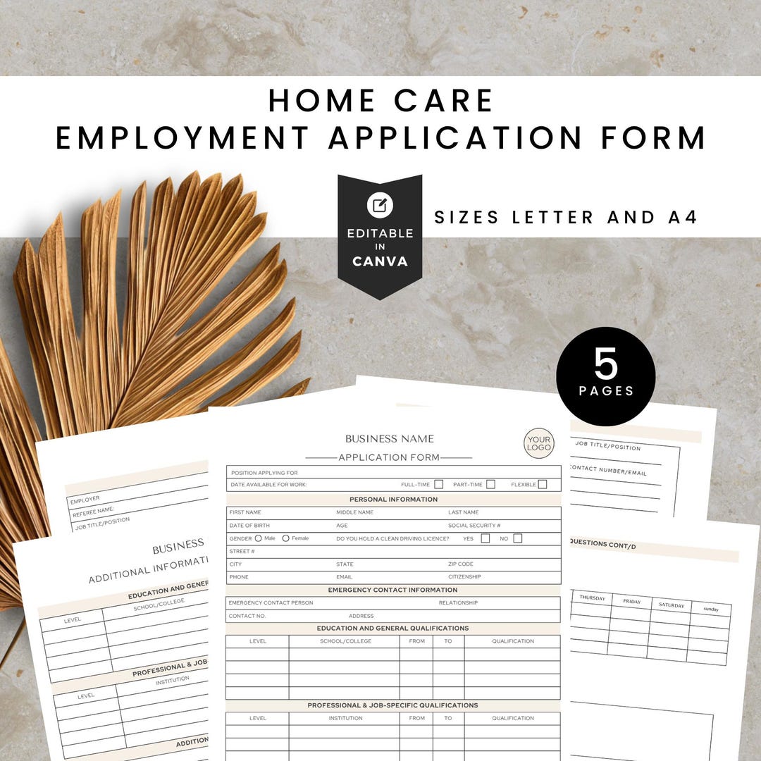 Home Care Application Form, Home Care Worker Job Application, Editable ...