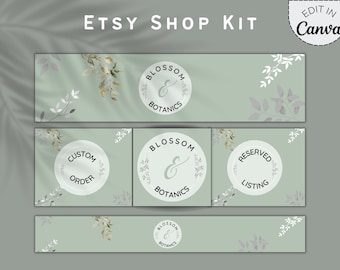 Puede incluir: Un conjunto de tres plantillas de banner de tienda Etsy con un fondo verde y diseños florales blancos y grises. Los banners incluyen el texto "Pedido personalizado", "Listado reservado" y "Blossom & Botanics".