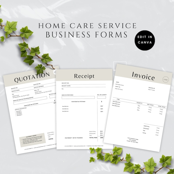 Home Care Service Editable Business Forms Pack, Quote Template, Invoice Template, Receipt Template, Add your logo Canva Business Templates,