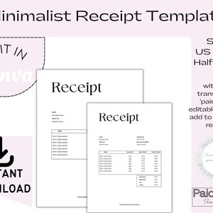 Minimalist Business Receipt Template, Editable Customer Receipt in a Classic Design, with FREE Editable Paid in Full Templates to Overlay