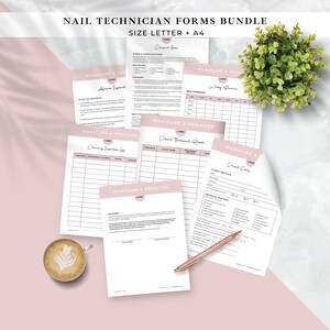 May include: A set of printable forms for nail technicians. The forms are designed for manicures and pedicures and include a client treatment record, client consultation form, coming appointment log, and client details form. The forms are in a pink and white color scheme with a simple, modern design.