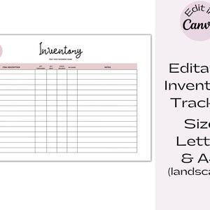 Editable Inventory Tracker, Printable Business Inventory Record Template, Customizable, Instant Download