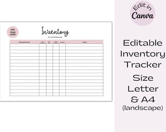 Könnte beinhalten: Editierbare Inventar-Tracker-Vorlage im Querformat. Die Vorlage enthält Spalten für Artikelbeschreibung, Menge, gekauft, verkauft, Restbestand und Notizen. Die Vorlage ist für die Verwendung mit Papier im Format Letter oder A4 konzipiert.