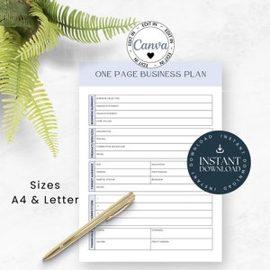 One Page Business Plan Template, Canva Template for a 1 Page Business Startup, A4 and Letter