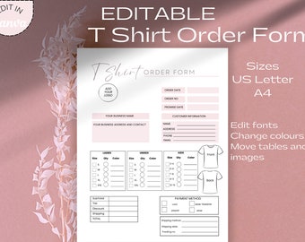 Plantilla de formulario de pedido de camiseta, plantilla Canva de formulario de pedido de camiseta editable, formulario comercial de camiseta rosa, formulario de pedido para pequeñas empresas PDF