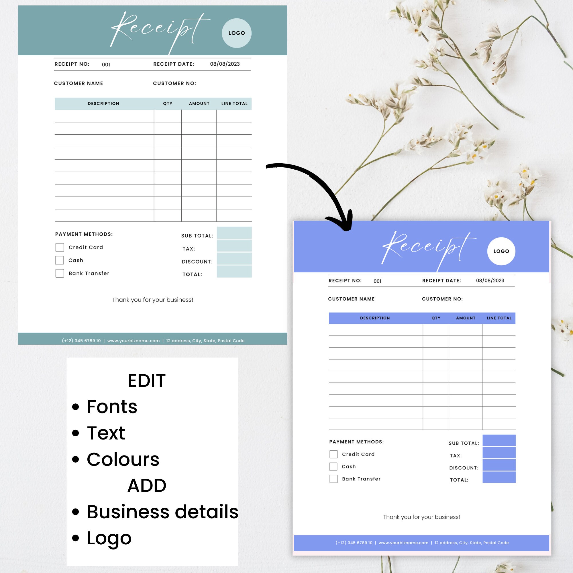 Editable Business Sales Receipt Template, Customizable and Printable
