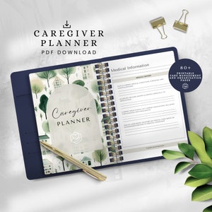 May include: A blue and green planner with the text "Caregiver Planner" on the cover. The planner has a watercolor design of houses and trees. The planner includes 80+ printable pages for care management and organization.
