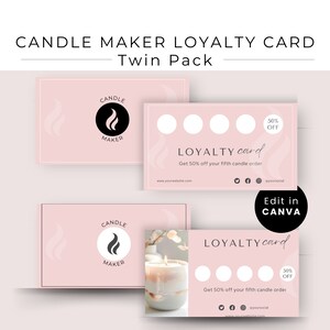 Modelo de cartão de fidelidade para fabricante de velas, cartão de recompensa do cliente, cartão de desconto, cartão de cliente valioso, cartão de fidelidade editável do Canva, adicione seu logotipo
