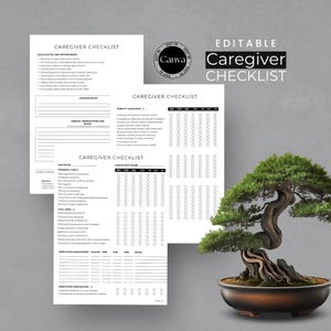 May include: An editable caregiver checklist template with sections for socialization, appointments, mobility assistance, and personal care. The design is black and white with a Canva logo and a bonsai tree in the background.