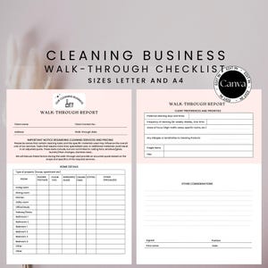 May include: Pink and white cleaning business walk-through checklist template. The document includes sections for client information, home details, and client preferences. The text includes "Cleaning Business Walk-Through Checklist" and "Sizes Letter and A4."