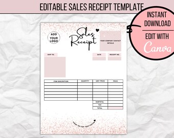 Editable Business Sales Receipt Template, Customizable and Printable Business Template, Instant Download