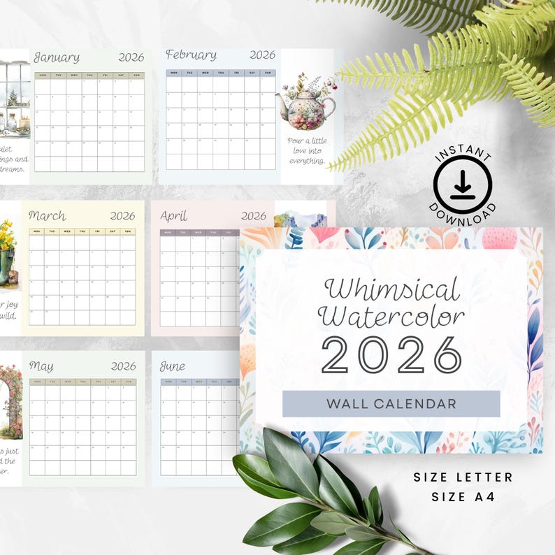 2026 Monatskalender zum Ausdrucken, Wandplaner Größe A4 und Letter