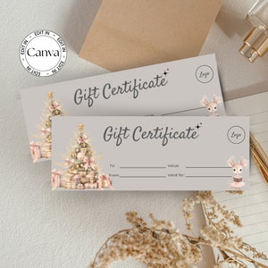 Plantilla de certificado de regalo de salón de belleza personalizable para la temporada navideña, vale de regalo imprimible para salón de uñas o tecnología de pestañas, agregue su logotipo