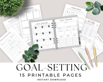 May include: A set of 15 printable goal-setting pages in black and white. The pages include sections for SMART goals, goal action plans, goal trackers, and quarterly goal setting.