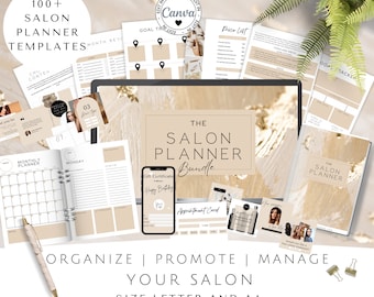 Może przedstawiać: Pakiet produktów cyfrowych dla salonów. Pakiet zawiera ponad 100 szablonów planistów, bon podarunkowy, kartę wizytową i cennik. Tekst "The Salon Planner Bundle" jest wyświetlany na beżowym tle z złotymi akcentami. Tekst "Organize | Promote | Manage Your Salon" jest wyświetlany czarnym tekstem na białym tle. Tekst "Size Letter and A4" jest wyświetlany czarnym tekstem na białym tle.