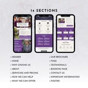 May include: Three smartphones displaying website sections for home care services. The screens feature purple and white designs with text like "Home Care," "Why Choose Us," and "What We Offer." The image also lists 14 website sections.
