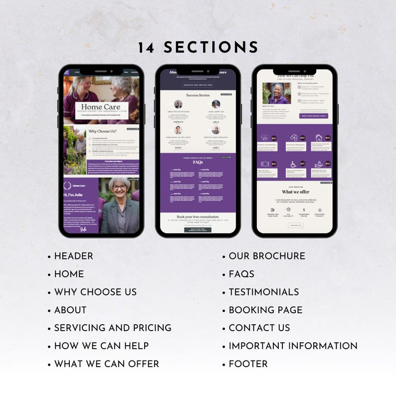 May include: Three smartphones displaying website sections for home care services. The screens feature purple and white designs with text like "Home Care," "Why Choose Us," and "What We Offer." The image also lists 14 website sections.