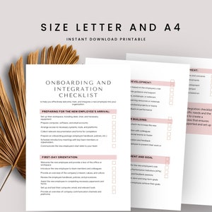 May include: A printable checklist for onboarding and integrating new employees. The checklist is divided into sections such as "Preparing for the New Employee's Arrival", "First-Day Orientation", "Development", "Team Building", "Ment and Goal".