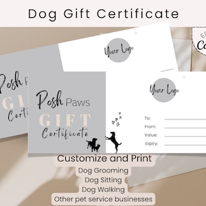 Plantilla de certificado de regalo editable Peluquería de perros, paseo de perros, cuidado de perros. Vale de regalo de bricolaje para pequeñas empresas. Añade tu logotipo.