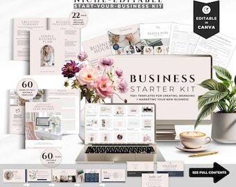 May include: A business starter kit with templates for creating, branding, and marketing a new business. The kit includes a laptop, documents, and a coffee cup. The text on the screen says "Business Starter Kit".