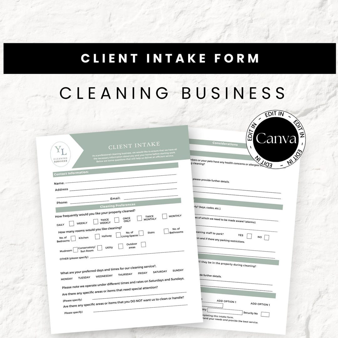 Cleaning Service Client Intake Form, Cleaning Company Editable Form ...