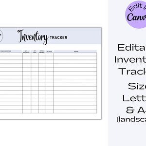 Editable Inventory Tracker, Printable Business Inventory Record Template, Customizable, Instant Download