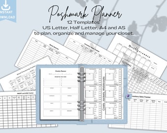 May include: A set of 12 printable planner templates for Poshmark sellers. The templates include a weekly planner, monthly planner, inventory sales tracker, stock sources tracker, profit and loss tracker, and a clothing size chart. The templates are designed to help Poshmark sellers organize and manage their closet.