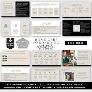 May include: A presentation slide deck for home care onboarding. The slide deck is editable in Canva and includes 40+ slides with pre-filled example text. The slides cover topics such as pay schedule, time-off policies, delivering high-quality care, reporting and documentation, handling difficult situations, handling hazardous materials, preventing falls, meal preparation and nutrition, and emergency protocols.
